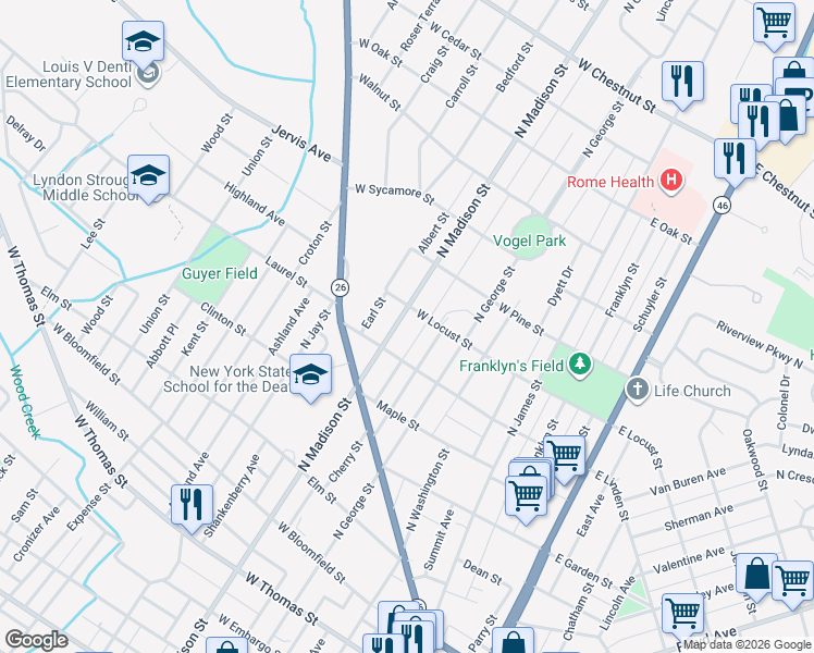 map of restaurants, bars, coffee shops, grocery stores, and more near 1006 North Madison Street in Rome