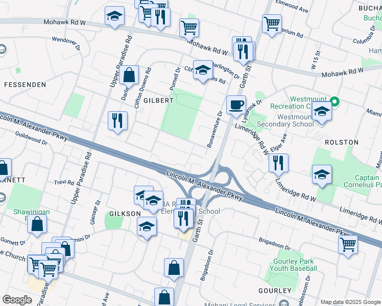 map of restaurants, bars, coffee shops, grocery stores, and more near Morgan Road in Hamilton