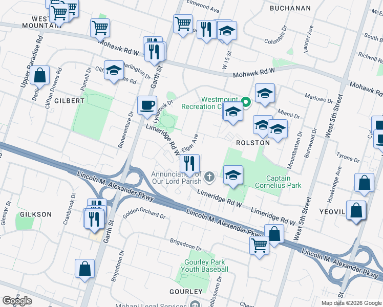 map of restaurants, bars, coffee shops, grocery stores, and more near 97 Elgar Avenue in Hamilton