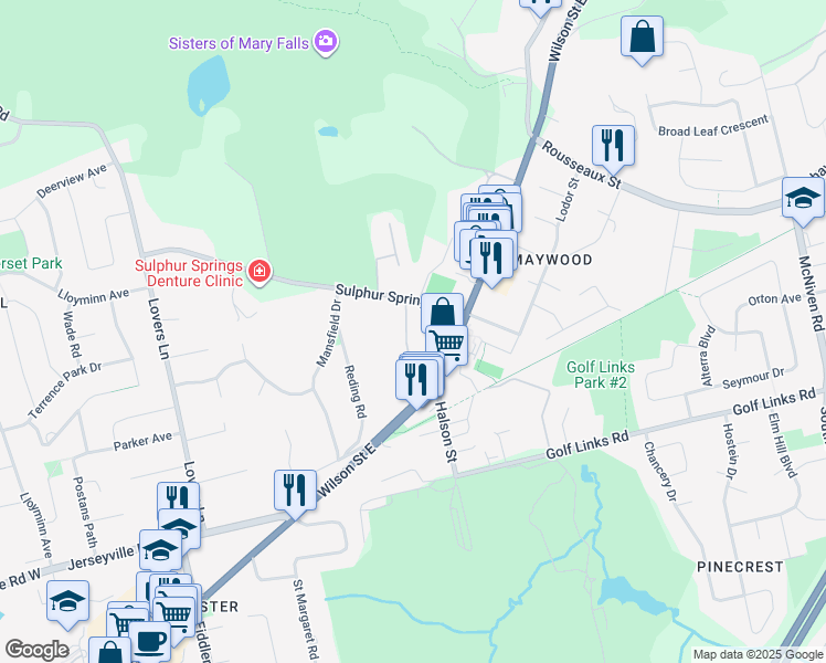 map of restaurants, bars, coffee shops, grocery stores, and more near 52 Sulphur Springs Road in Hamilton
