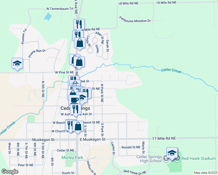 map of restaurants, bars, coffee shops, grocery stores, and more near 241 East Maple Street Northeast in Cedar Springs