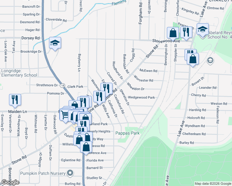 map of restaurants, bars, coffee shops, grocery stores, and more near 337 Stone Road in Rochester