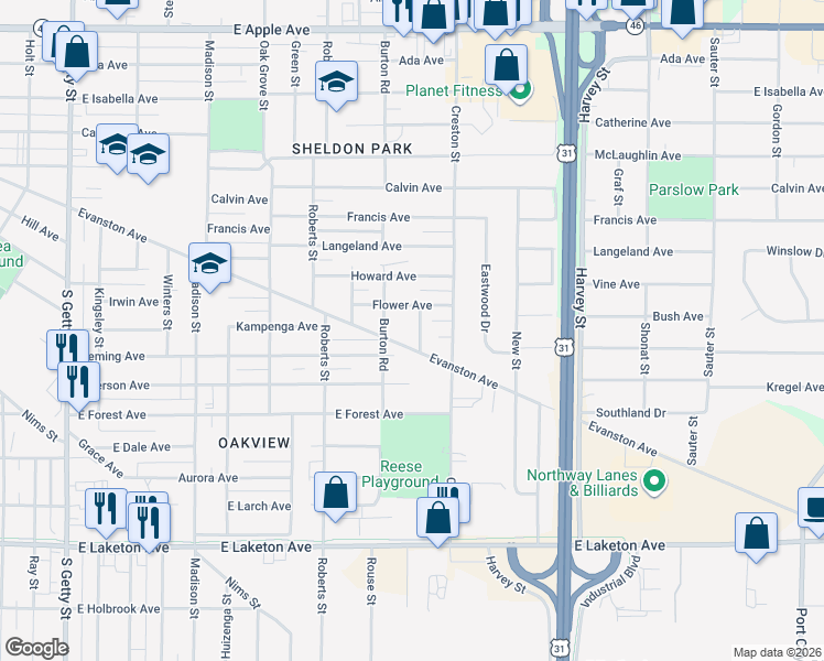 map of restaurants, bars, coffee shops, grocery stores, and more near 1467 Samburt Street in Muskegon