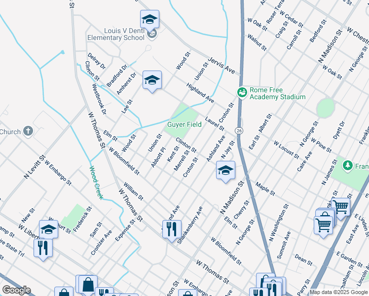 map of restaurants, bars, coffee shops, grocery stores, and more near 607 Clinton Street in Rome