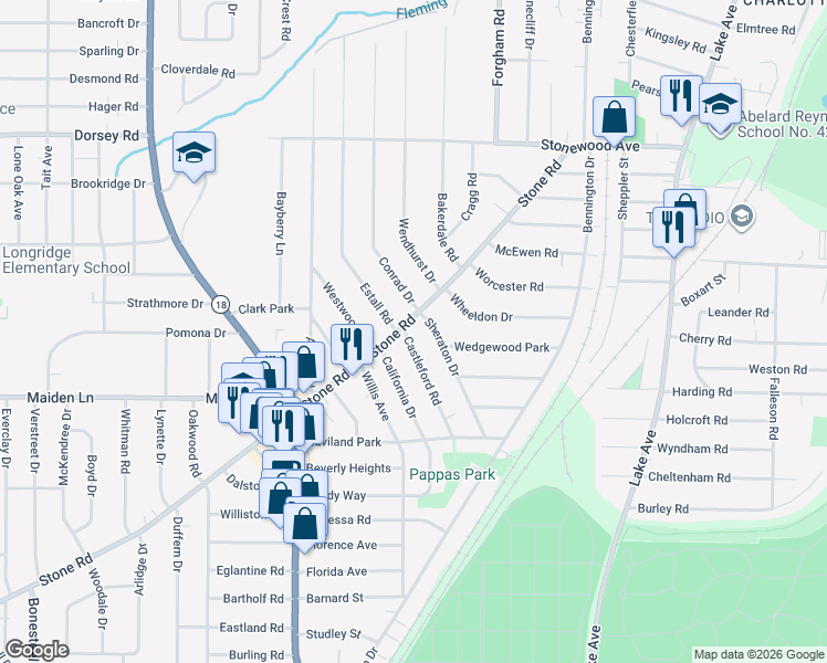 map of restaurants, bars, coffee shops, grocery stores, and more near 337 Stone Road in Rochester