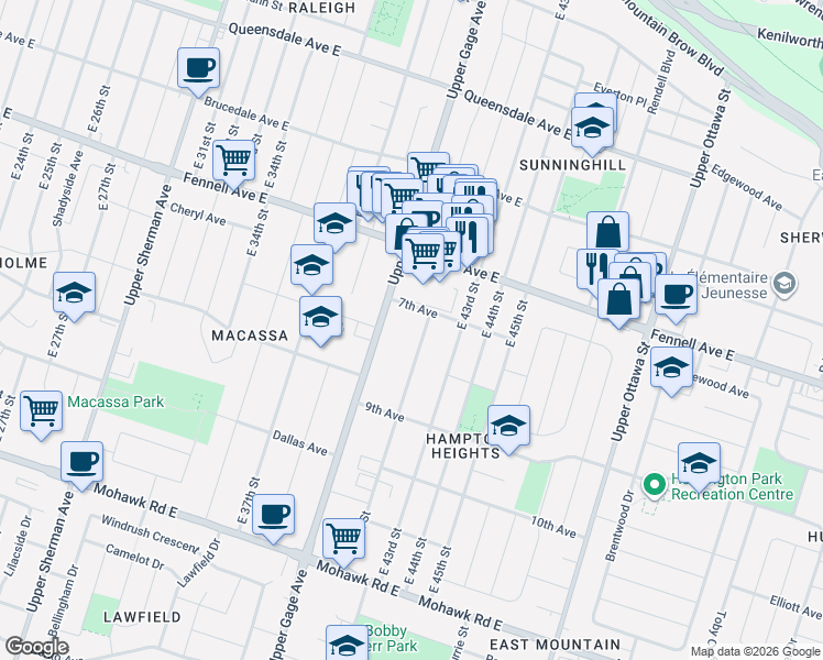 map of restaurants, bars, coffee shops, grocery stores, and more near 312 East 42nd Street in Hamilton