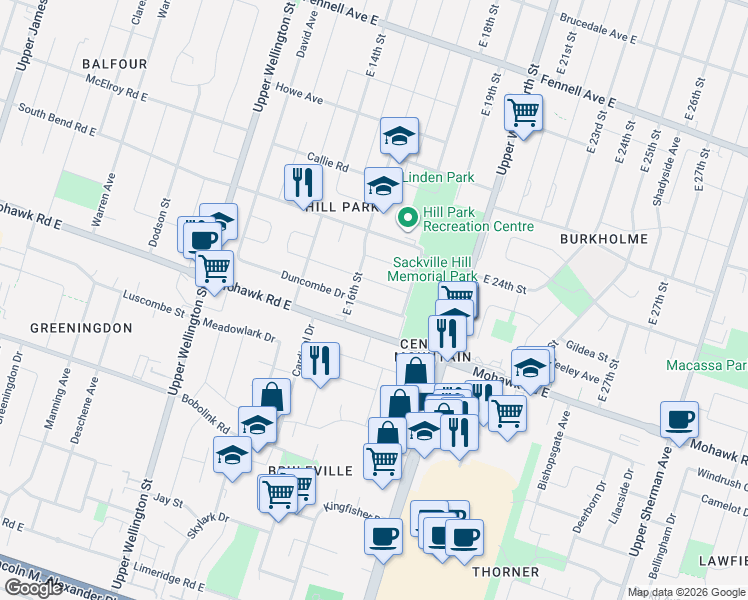 map of restaurants, bars, coffee shops, grocery stores, and more near 99 Duncombe Drive in Hamilton