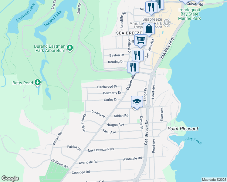 map of restaurants, bars, coffee shops, grocery stores, and more near 158 Dewberry Drive in Rochester