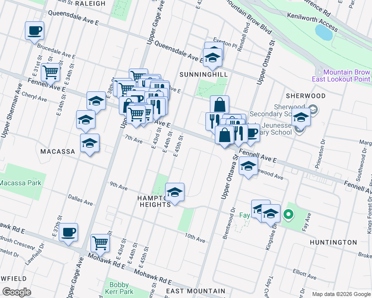 map of restaurants, bars, coffee shops, grocery stores, and more near 84 Fernwood Crescent in Hamilton