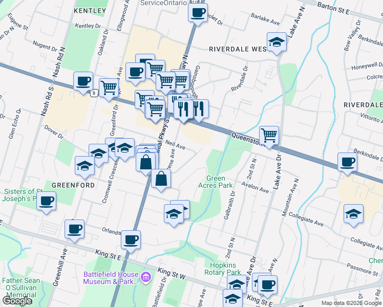 map of restaurants, bars, coffee shops, grocery stores, and more near 57 Neil Avenue in Hamilton