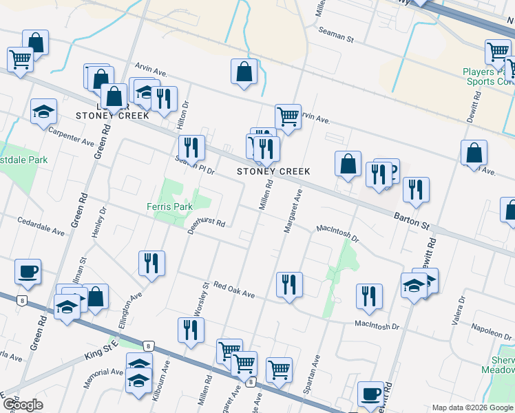 map of restaurants, bars, coffee shops, grocery stores, and more near 279 Millen Road in Hamilton
