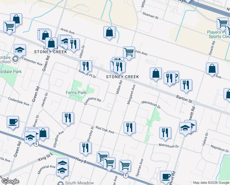 map of restaurants, bars, coffee shops, grocery stores, and more near 279 Millen Road in Hamilton