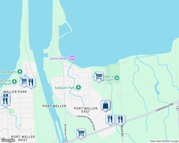 map of restaurants, bars, coffee shops, grocery stores, and more near 80 Newport Street in St. Catharines