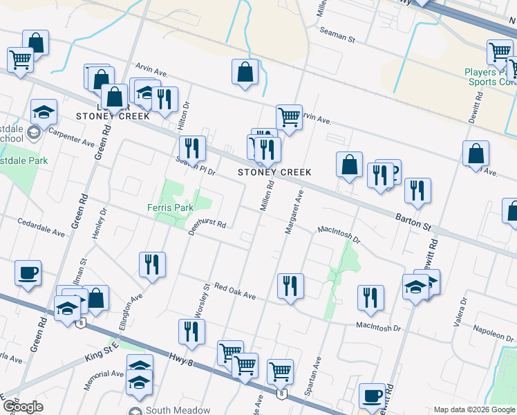 map of restaurants, bars, coffee shops, grocery stores, and more near 279 Millen Road in Hamilton