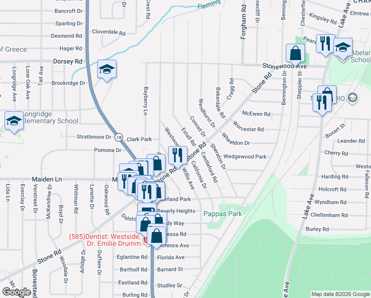 map of restaurants, bars, coffee shops, grocery stores, and more near 27 Westwood Dr in Rochester