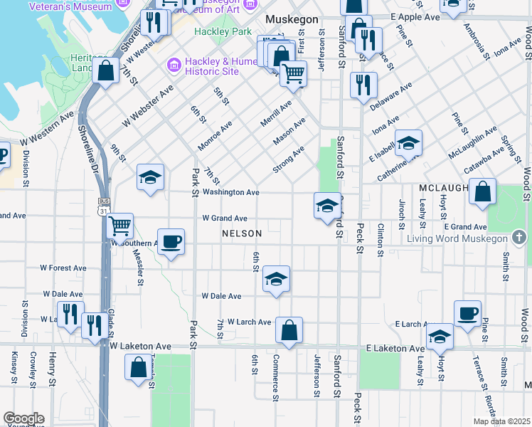 map of restaurants, bars, coffee shops, grocery stores, and more near 250 West Grand Avenue in Muskegon