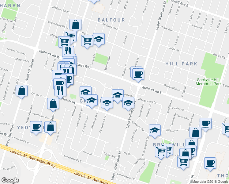 map of restaurants, bars, coffee shops, grocery stores, and more near 21 Deschene Avenue in Hamilton