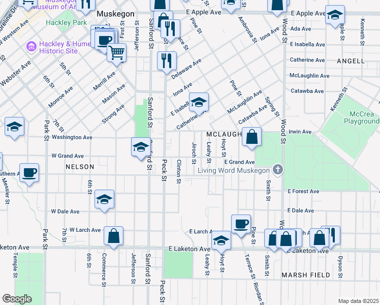 map of restaurants, bars, coffee shops, grocery stores, and more near 1473 Jiroch Street in Muskegon