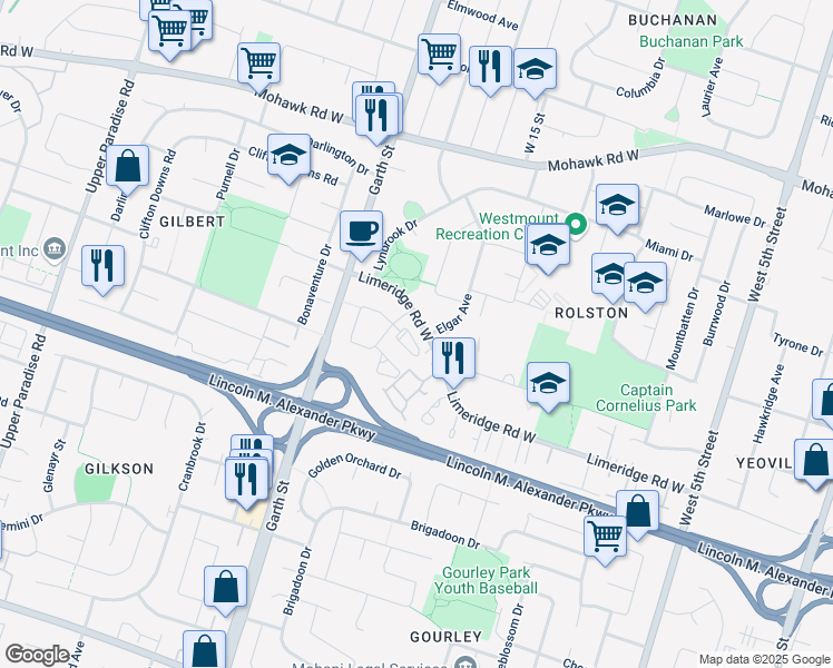 map of restaurants, bars, coffee shops, grocery stores, and more near 25 Britten Close in Hamilton