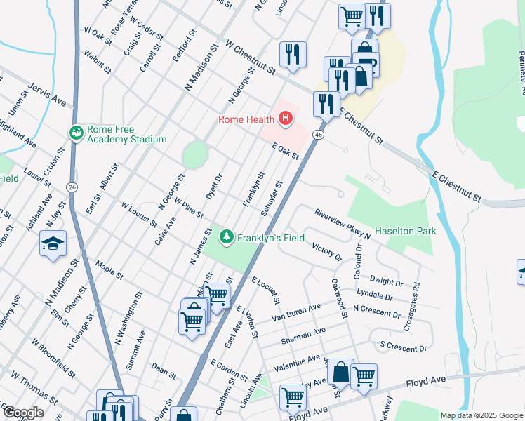 map of restaurants, bars, coffee shops, grocery stores, and more near 1303 Schuyler Street in Rome
