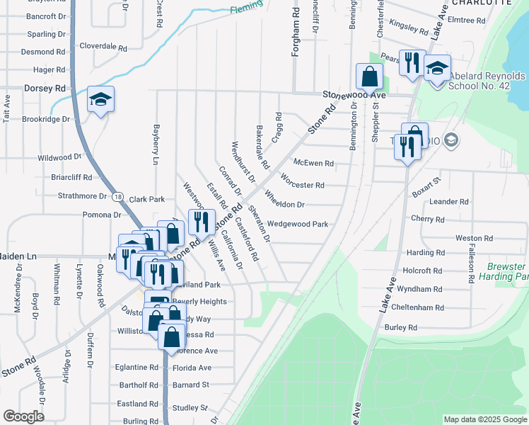 map of restaurants, bars, coffee shops, grocery stores, and more near 142 Sheraton Dr in Rochester