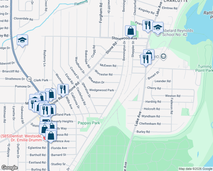 map of restaurants, bars, coffee shops, grocery stores, and more near 65 Wheeldon Drive in Rochester