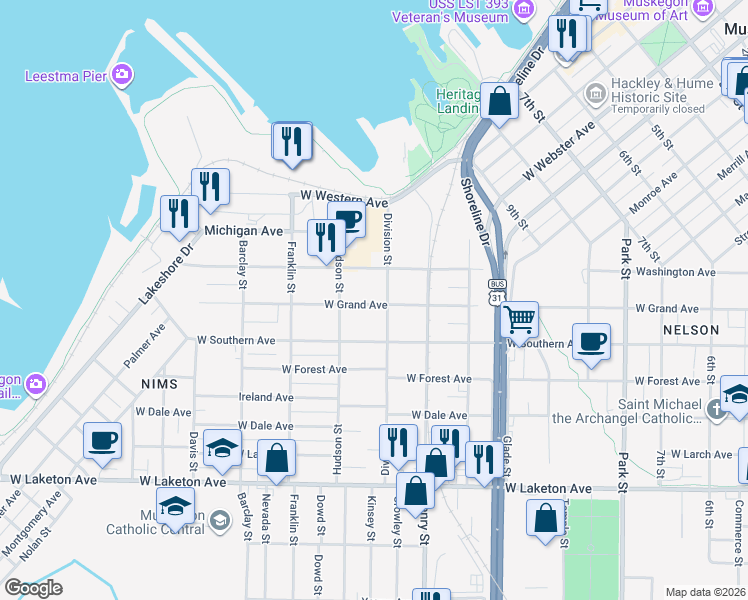 map of restaurants, bars, coffee shops, grocery stores, and more near 894 West Grand Avenue in Muskegon