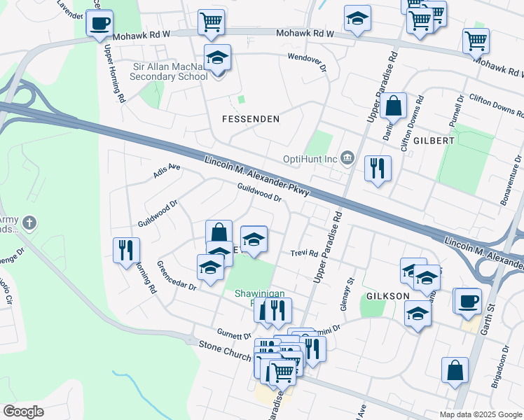 map of restaurants, bars, coffee shops, grocery stores, and more near 45 Goldwin St in Hamilton