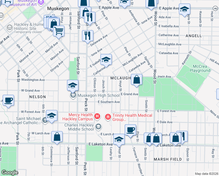 map of restaurants, bars, coffee shops, grocery stores, and more near 1477 Leahy Street in Muskegon