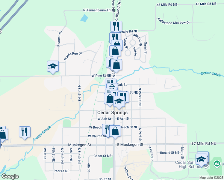 map of restaurants, bars, coffee shops, grocery stores, and more near 108 North Main Street Northeast in Cedar Springs