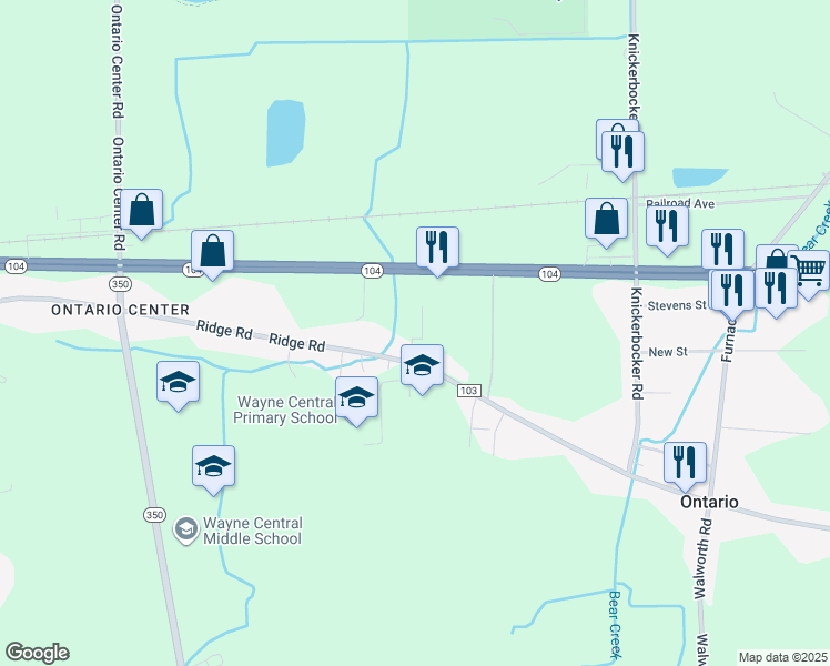 map of restaurants, bars, coffee shops, grocery stores, and more near 1 Ridge Road in Ontario