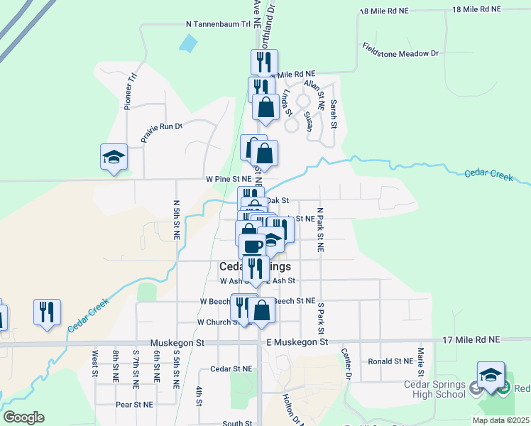 map of restaurants, bars, coffee shops, grocery stores, and more near 108 North Main Street Northeast in Cedar Springs