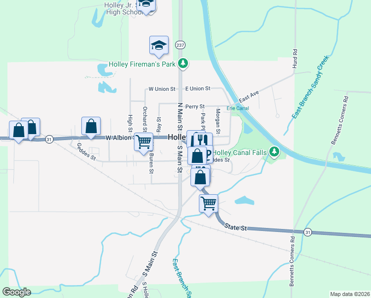 map of restaurants, bars, coffee shops, grocery stores, and more near 50 Public Square in Holley