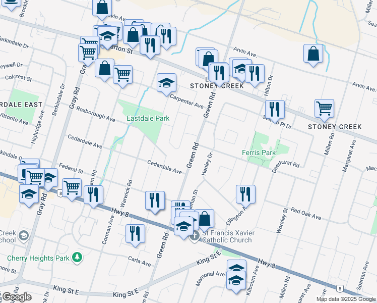 map of restaurants, bars, coffee shops, grocery stores, and more near 57 Eastbury Drive in Hamilton
