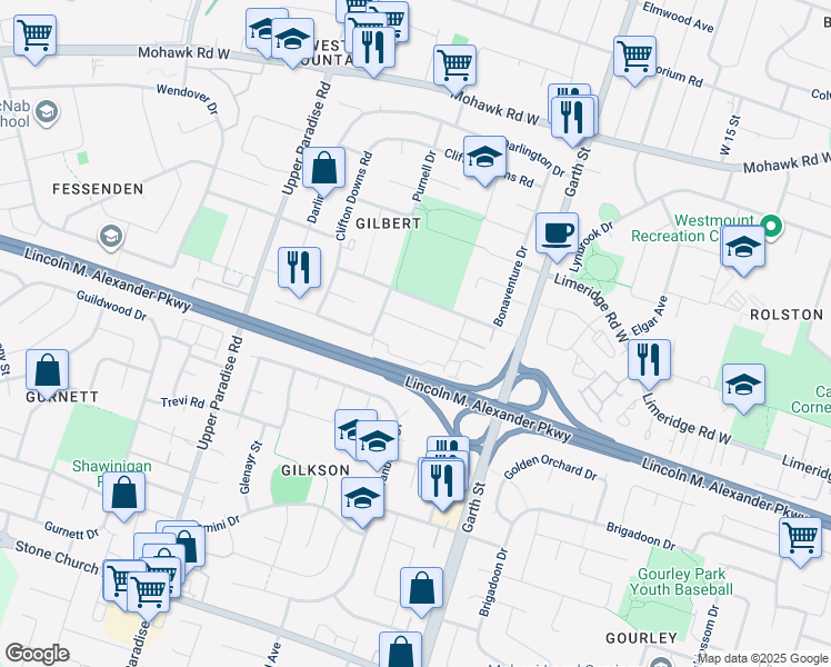 map of restaurants, bars, coffee shops, grocery stores, and more near in Hamilton