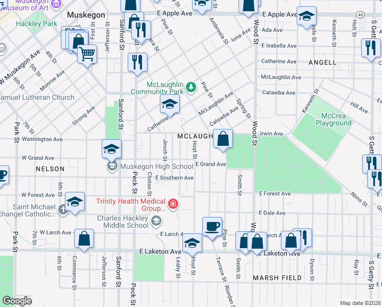 map of restaurants, bars, coffee shops, grocery stores, and more near 1479 Hoyt Street in Muskegon