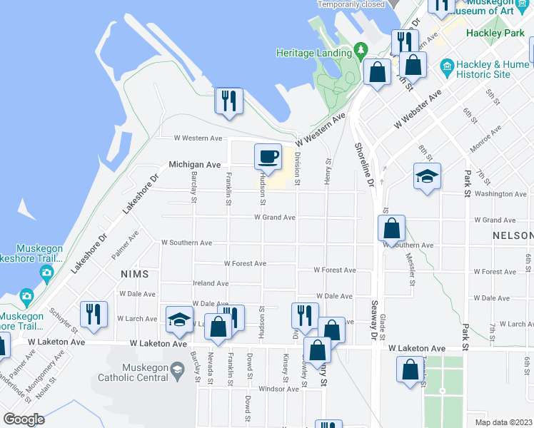 map of restaurants, bars, coffee shops, grocery stores, and more near 1480 Hudson Street in Muskegon