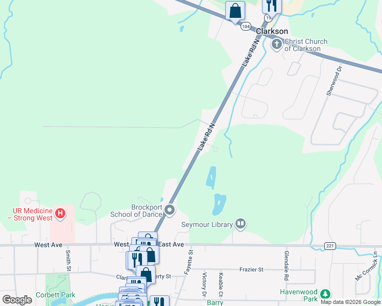 map of restaurants, bars, coffee shops, grocery stores, and more near 3953 Lake Road North in Brockport