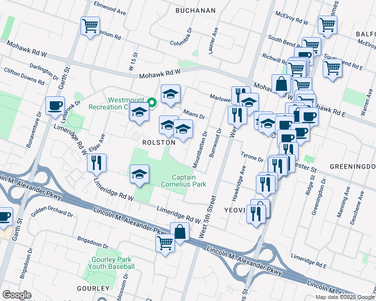 map of restaurants, bars, coffee shops, grocery stores, and more near 65 Sarasota Avenue in Hamilton