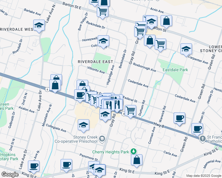 map of restaurants, bars, coffee shops, grocery stores, and more near 394 Berkindale Drive in Hamilton