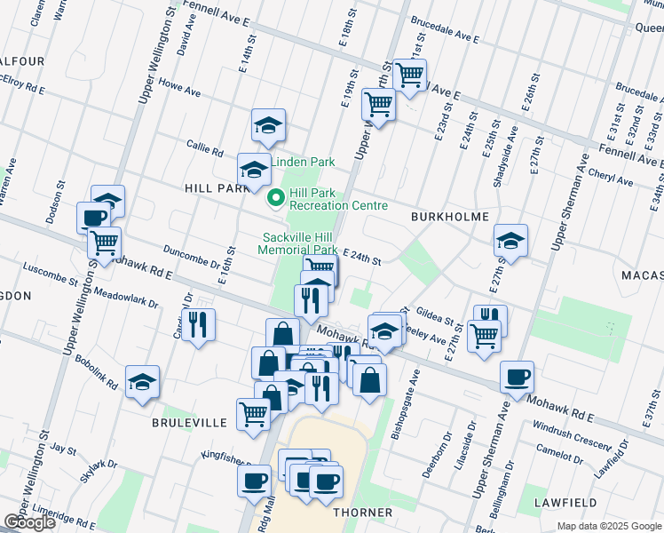 map of restaurants, bars, coffee shops, grocery stores, and more near 729 Upper Wentworth Street in Hamilton
