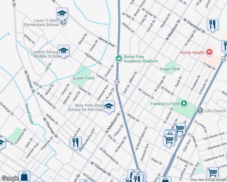 map of restaurants, bars, coffee shops, grocery stores, and more near 425 Turin Street in Rome