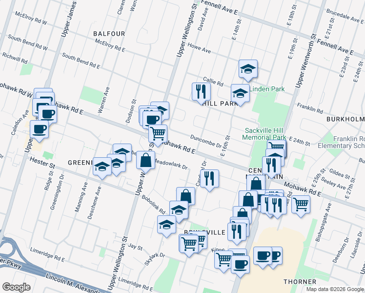map of restaurants, bars, coffee shops, grocery stores, and more near 253 Mohawk Road East in Hamilton