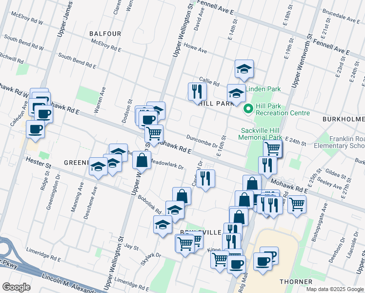 map of restaurants, bars, coffee shops, grocery stores, and more near 253 Mohawk Road East in Hamilton