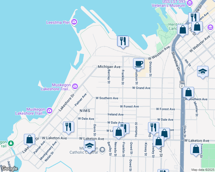 map of restaurants, bars, coffee shops, grocery stores, and more near 1125 West Grand Avenue in Muskegon