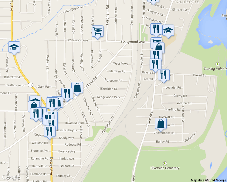 map of restaurants, bars, coffee shops, grocery stores, and more near 65 Wheeldon Drive in Rochester