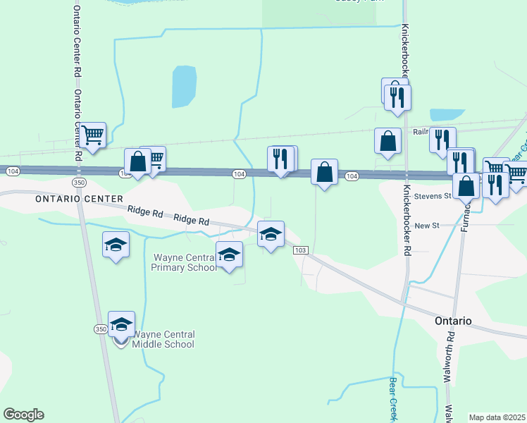 map of restaurants, bars, coffee shops, grocery stores, and more near 1 Ridge Road in Ontario