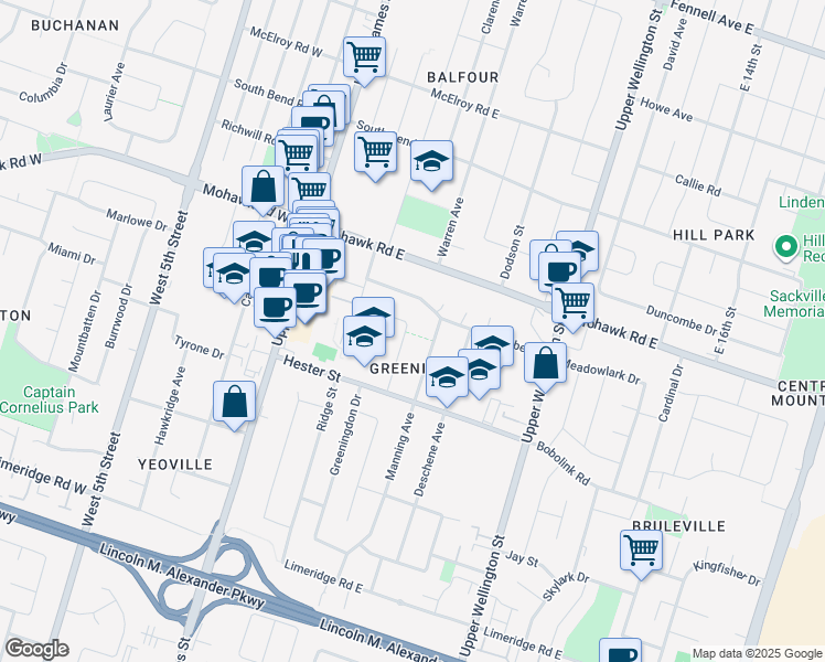 map of restaurants, bars, coffee shops, grocery stores, and more near 41 Ronaldshay Avenue in Hamilton