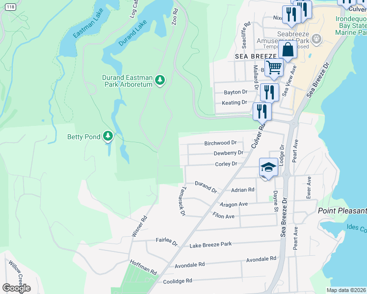 map of restaurants, bars, coffee shops, grocery stores, and more near 8 Dewberry Drive in Irondequoit