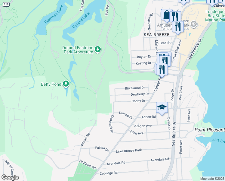 map of restaurants, bars, coffee shops, grocery stores, and more near 8 Dewberry Drive in Irondequoit